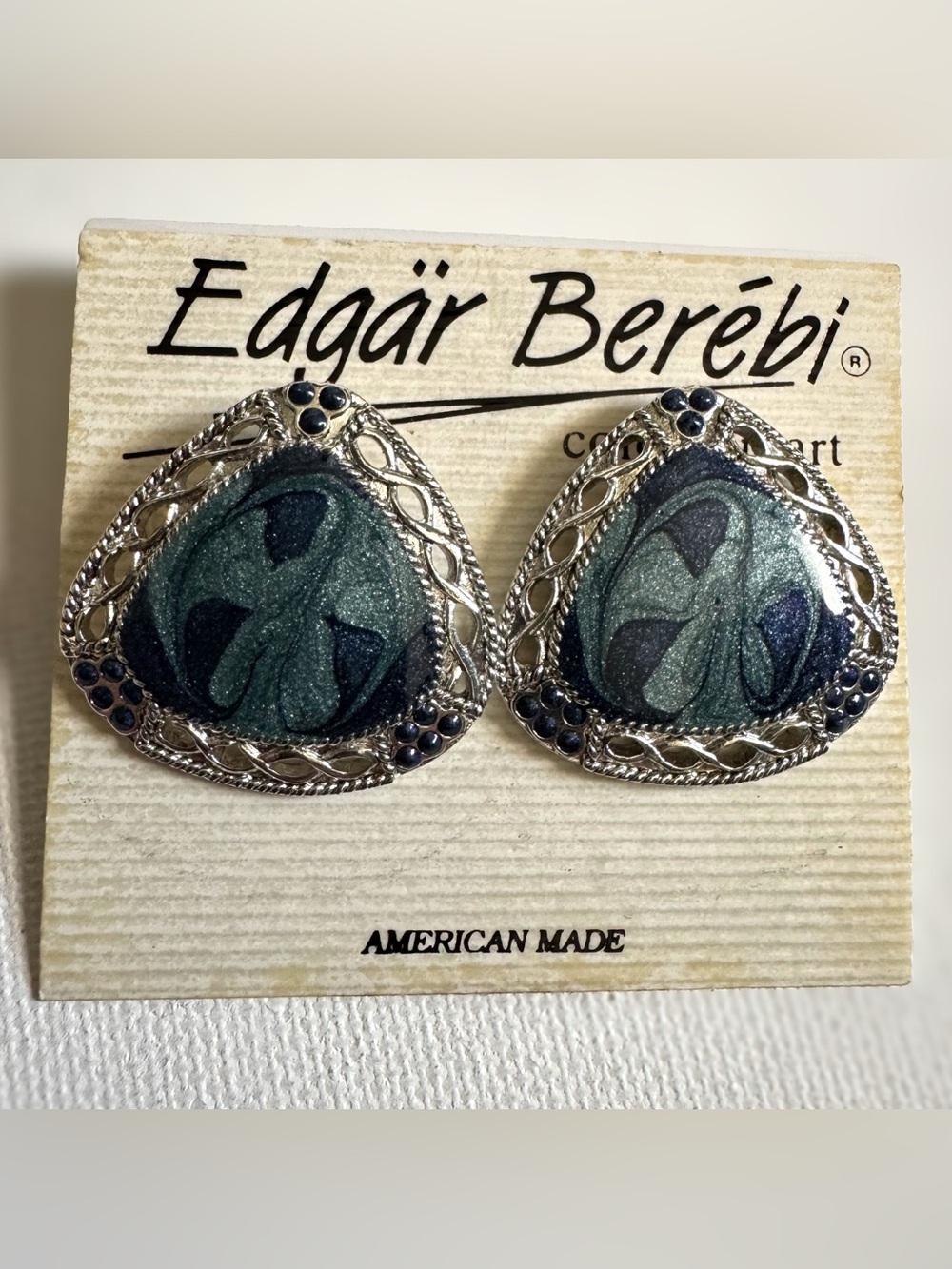 Vintage Edgar Berébi Blue Enamel Silver Tone Triangle Earrings Artisan Modernist